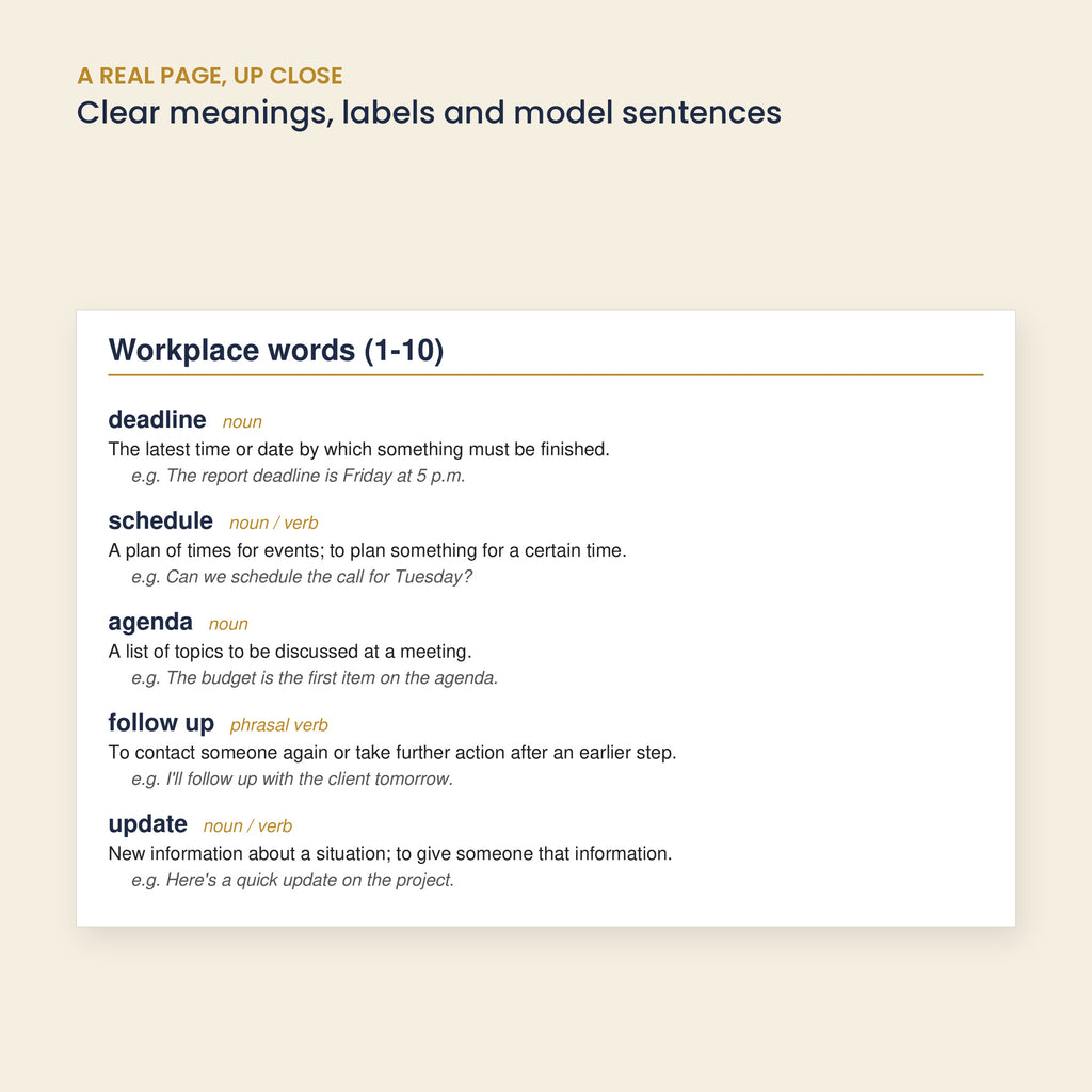 Close-up of workplace English vocabulary page with deadline, schedule, agenda, follow up and update definitions