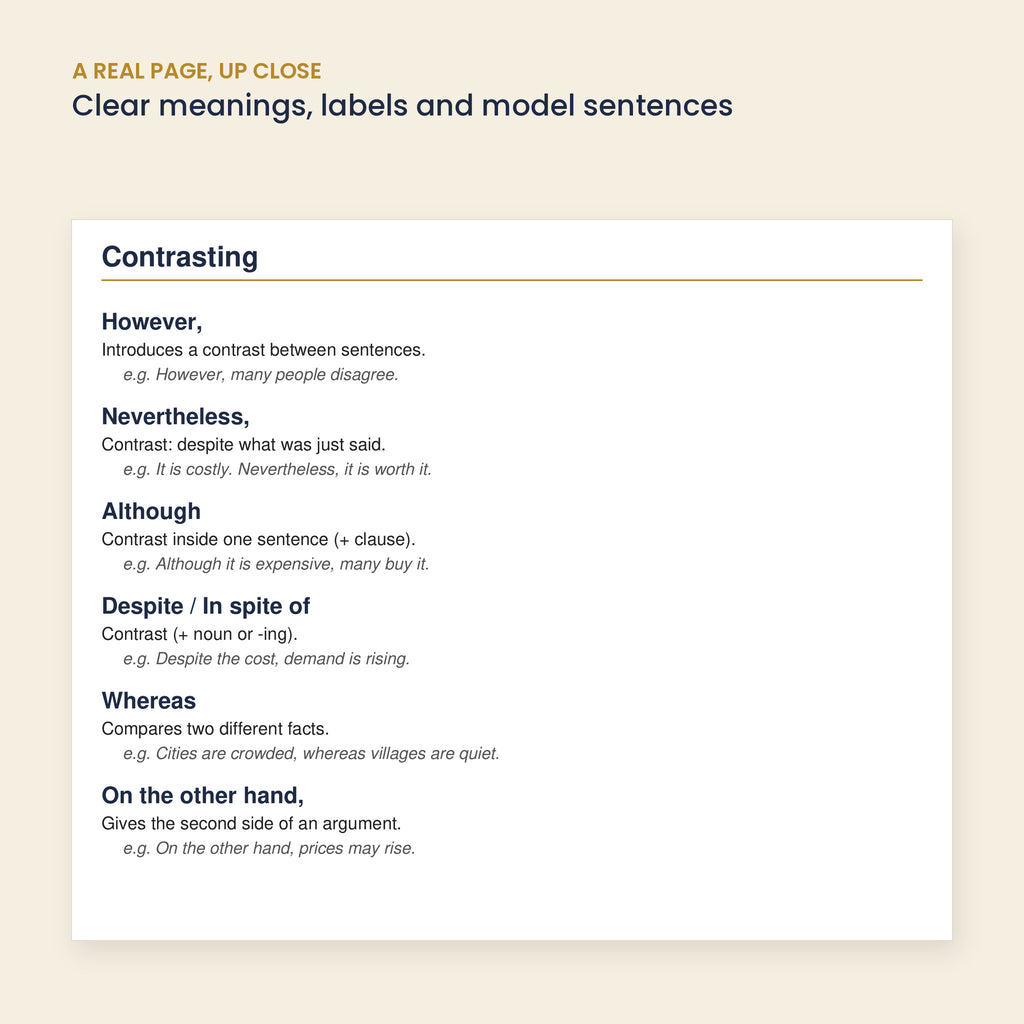 Close-up of contrasting linking words page: however, nevertheless, although, despite, whereas, on the other hand