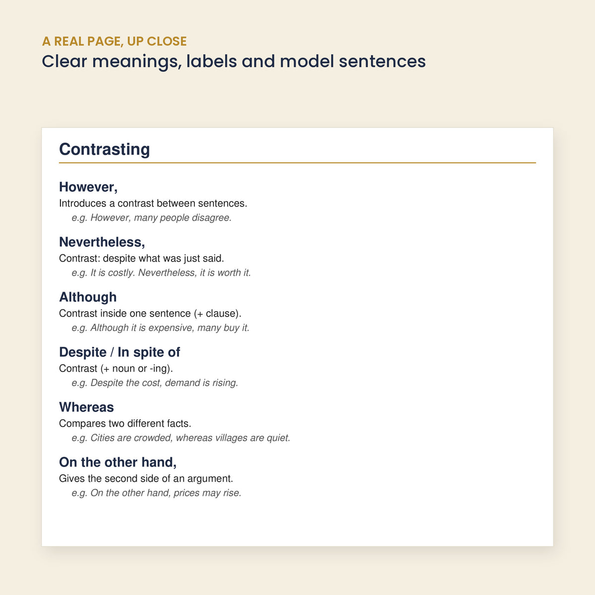 Close-up of contrasting linking words page: however, nevertheless, although, despite, whereas, on the other hand
