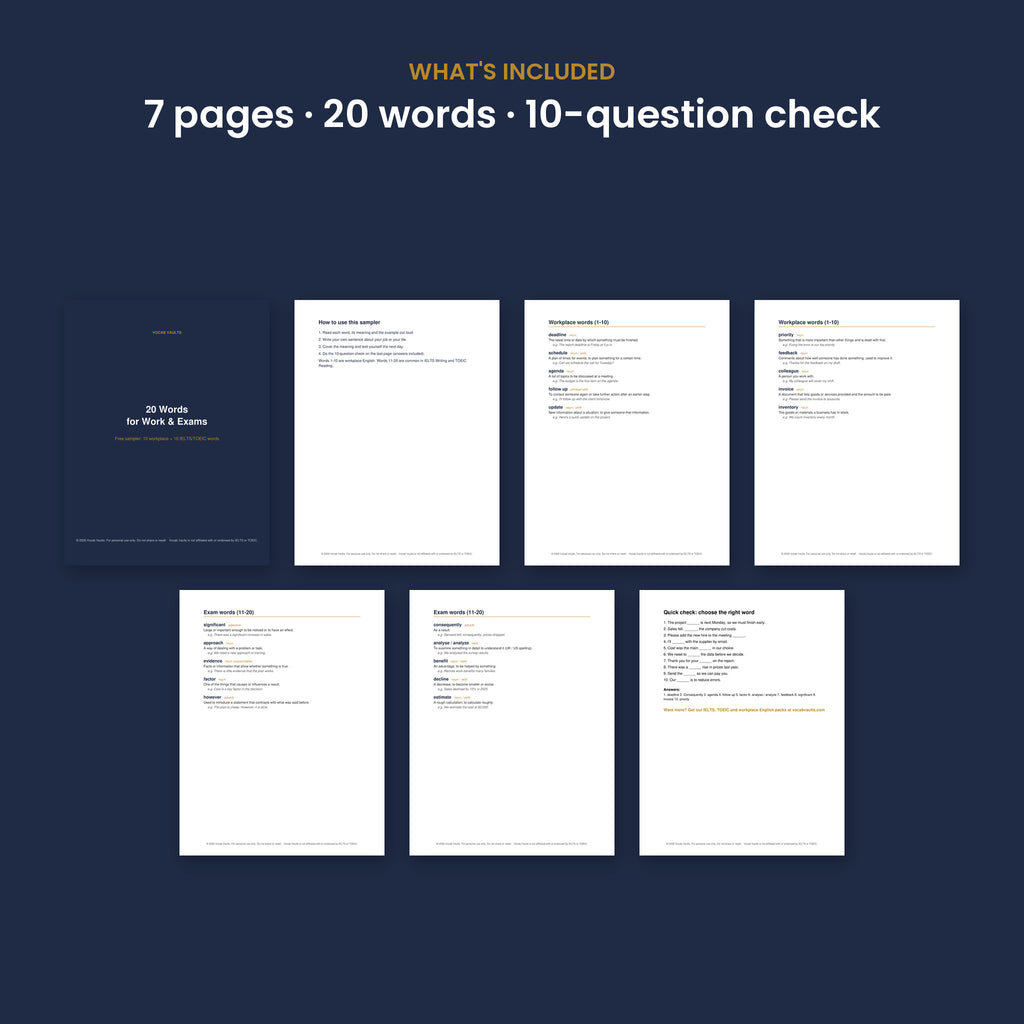 All 7 pages of the free 20-word business English and IELTS vocabulary printable