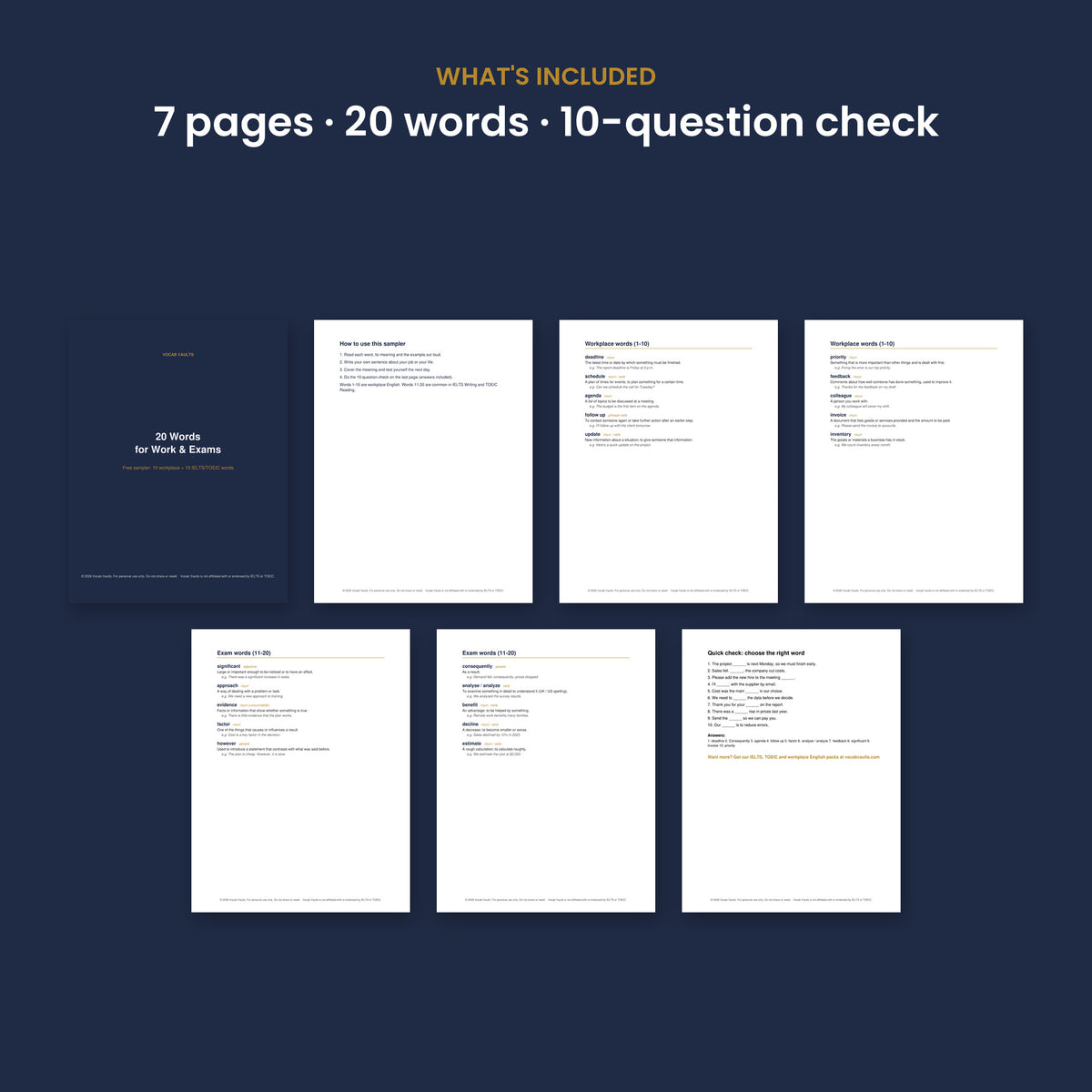 All 7 pages of the free 20-word business English and IELTS vocabulary printable