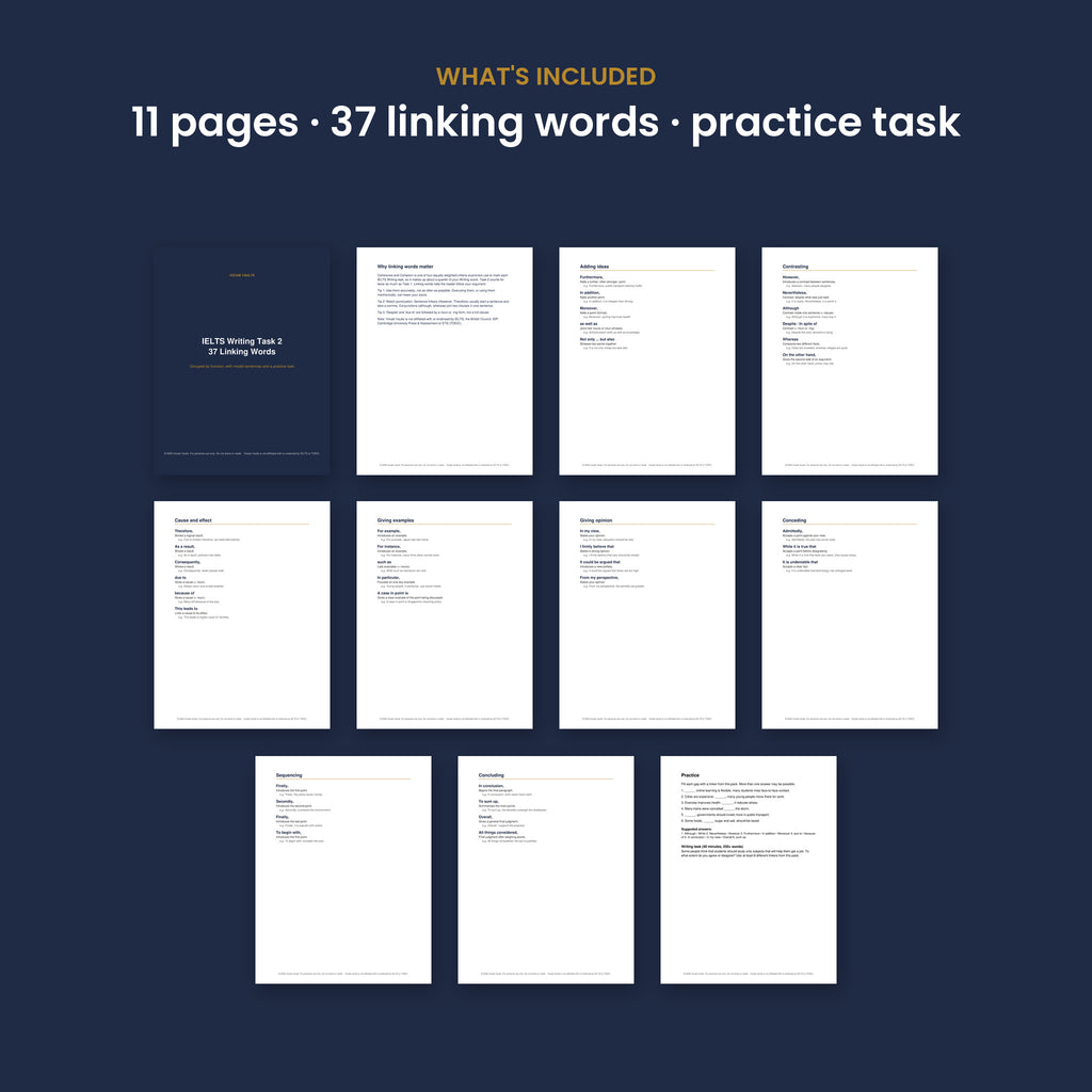 All 11 pages of the IELTS Task 2 linking words pack: adding, contrasting, cause and effect, examples, opinion, conceding, sequencing, concluding, practice