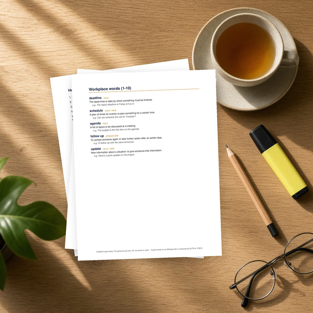 Printed English vocabulary worksheets on a study desk with tea, pencil and highlighter