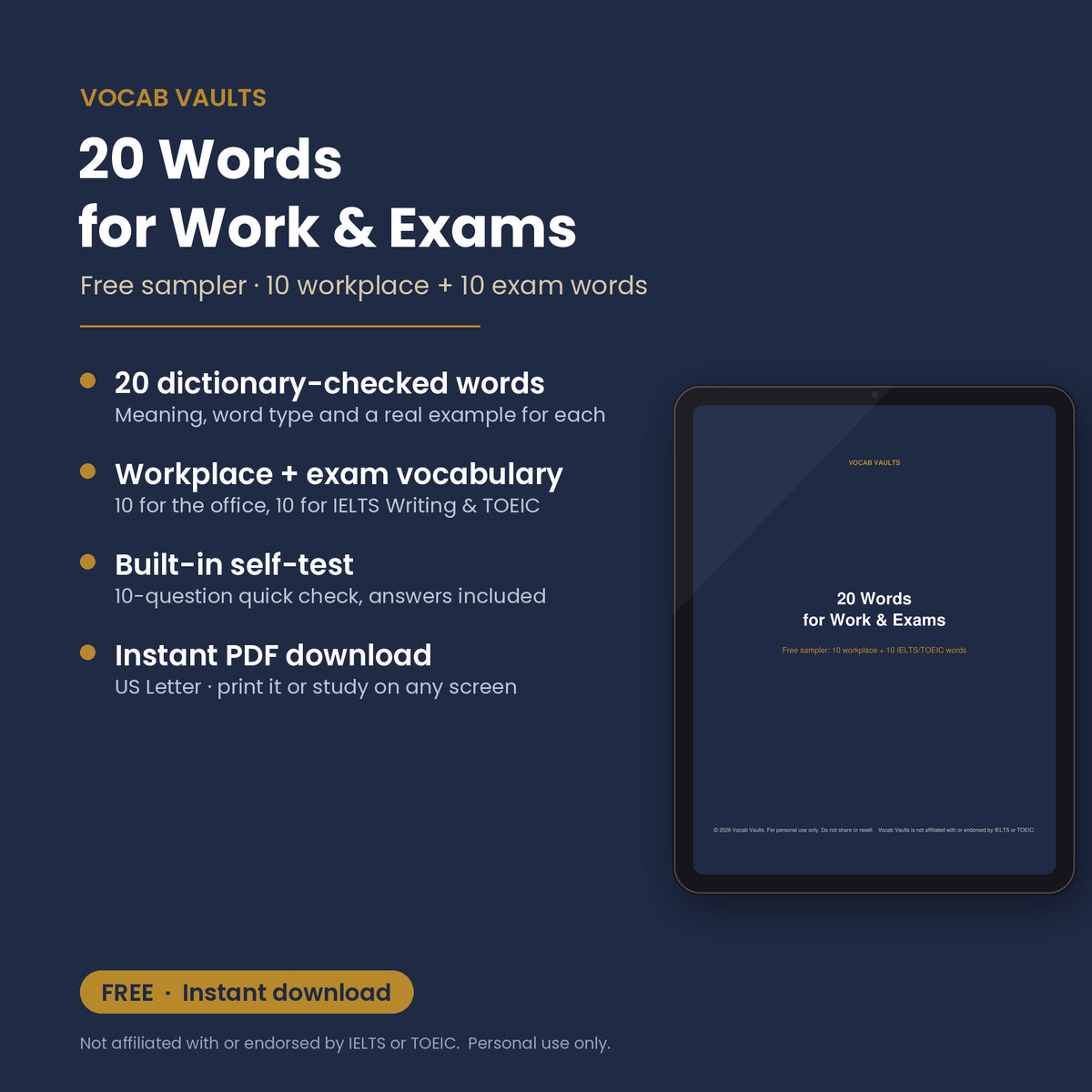 Features of the free Vocab Vaults sampler: 20 dictionary-checked words, self-test, instant PDF download