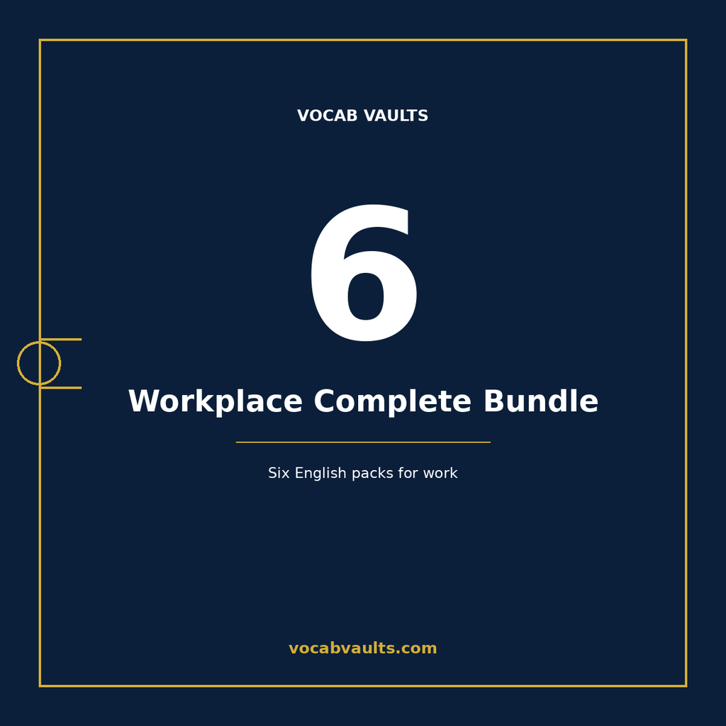 Workplace Complete Bundle cover from Vocab Vaults: large numeral 6 on navy with the subtitle Six English packs for work, a workplace English vocabulary PDF bundle