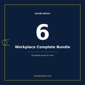 Workplace Complete Bundle cover from Vocab Vaults: large numeral 6 on navy with the subtitle Six English packs for work, a workplace English vocabulary PDF bundle
