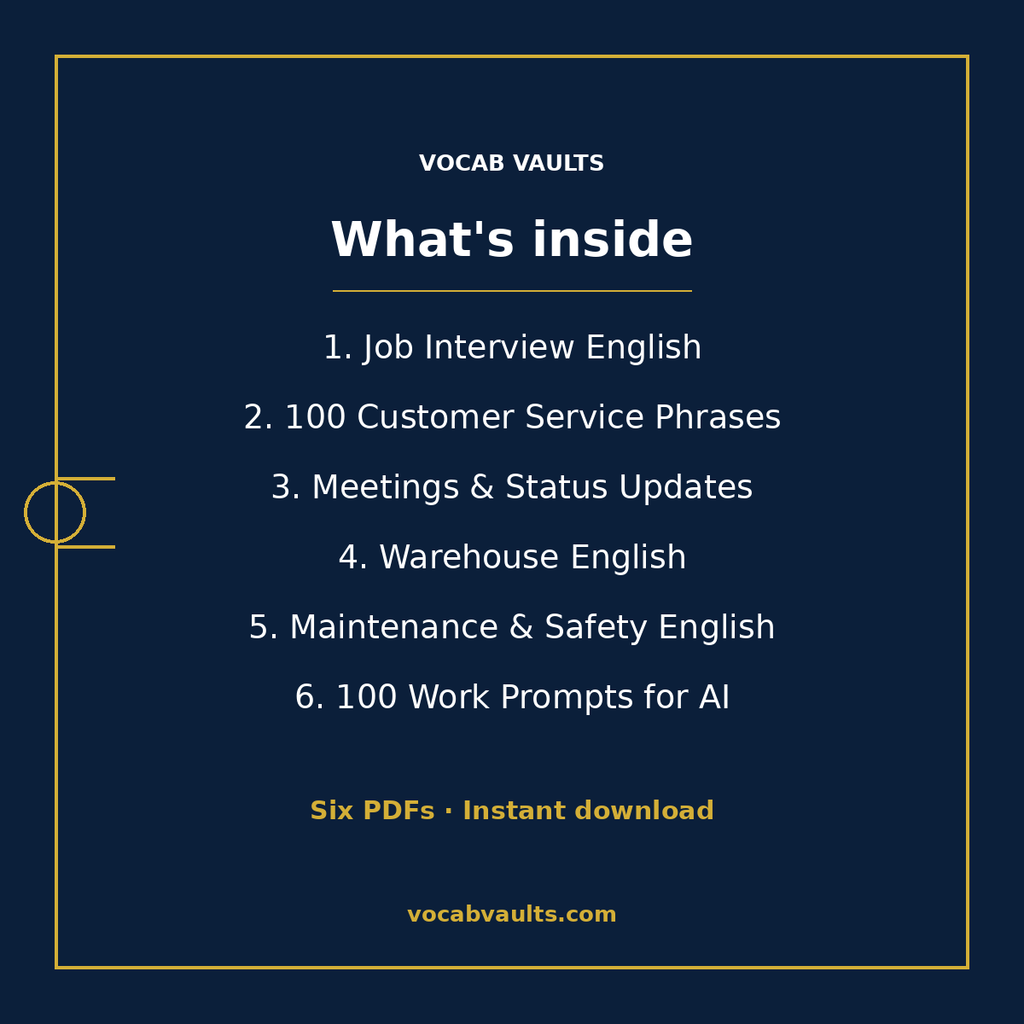 Contents card listing the six English for work PDF packs: Job Interview English, 100 Customer Service Phrases, Meetings & Status Updates, Warehouse English, Maintenance & Safety English, 100 Work Prompts for AI
