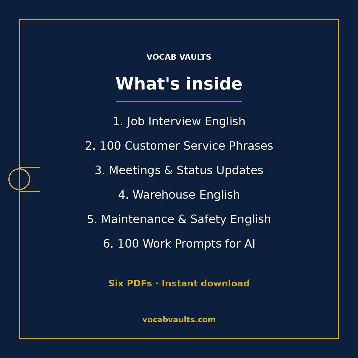Contents card listing the six English for work PDF packs: Job Interview English, 100 Customer Service Phrases, Meetings & Status Updates, Warehouse English, Maintenance & Safety English, 100 Work Prompts for AI