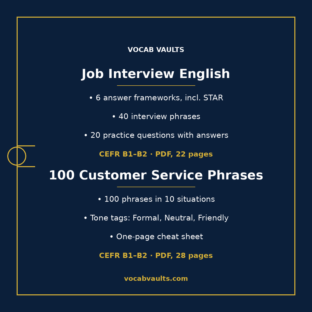 Job Interview English pack with 6 answer frameworks including STAR and 40 interview phrases, and 100 Customer Service Phrases in 10 situations with tone tags, both CEFR B1–B2 PDFs