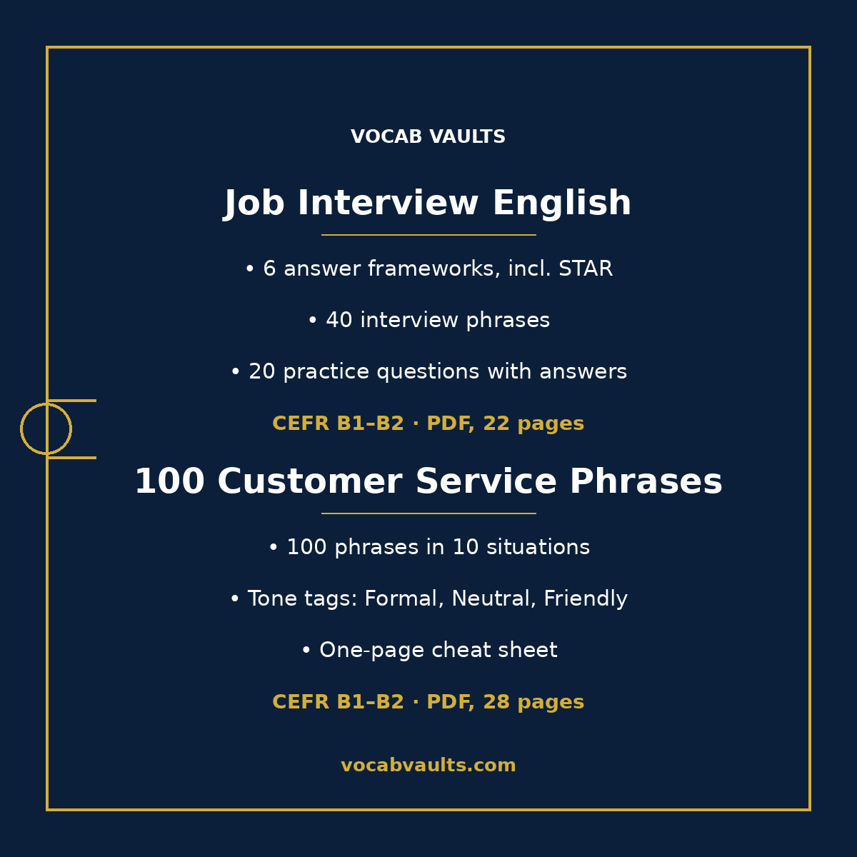 Job Interview English pack with 6 answer frameworks including STAR and 40 interview phrases, and 100 Customer Service Phrases in 10 situations with tone tags, both CEFR B1–B2 PDFs