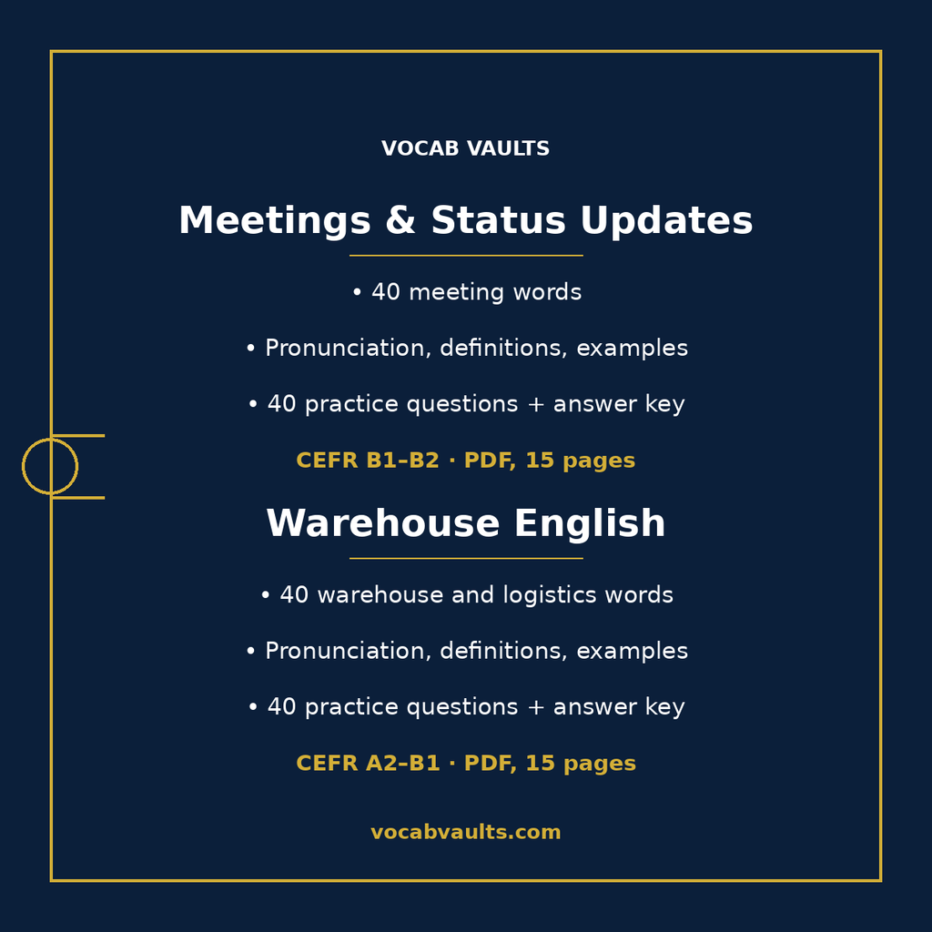 Meetings & Status Updates, 40 work meeting words, CEFR B1–B2, and Warehouse English, 40 logistics words, CEFR A2–B1, each with pronunciation, definitions, examples and 40 practice questions