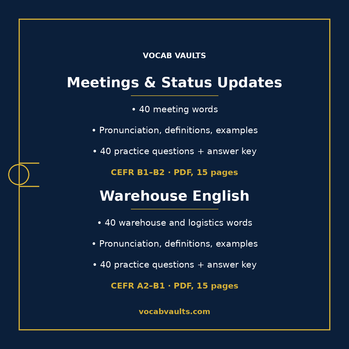 Meetings & Status Updates, 40 work meeting words, CEFR B1–B2, and Warehouse English, 40 logistics words, CEFR A2–B1, each with pronunciation, definitions, examples and 40 practice questions