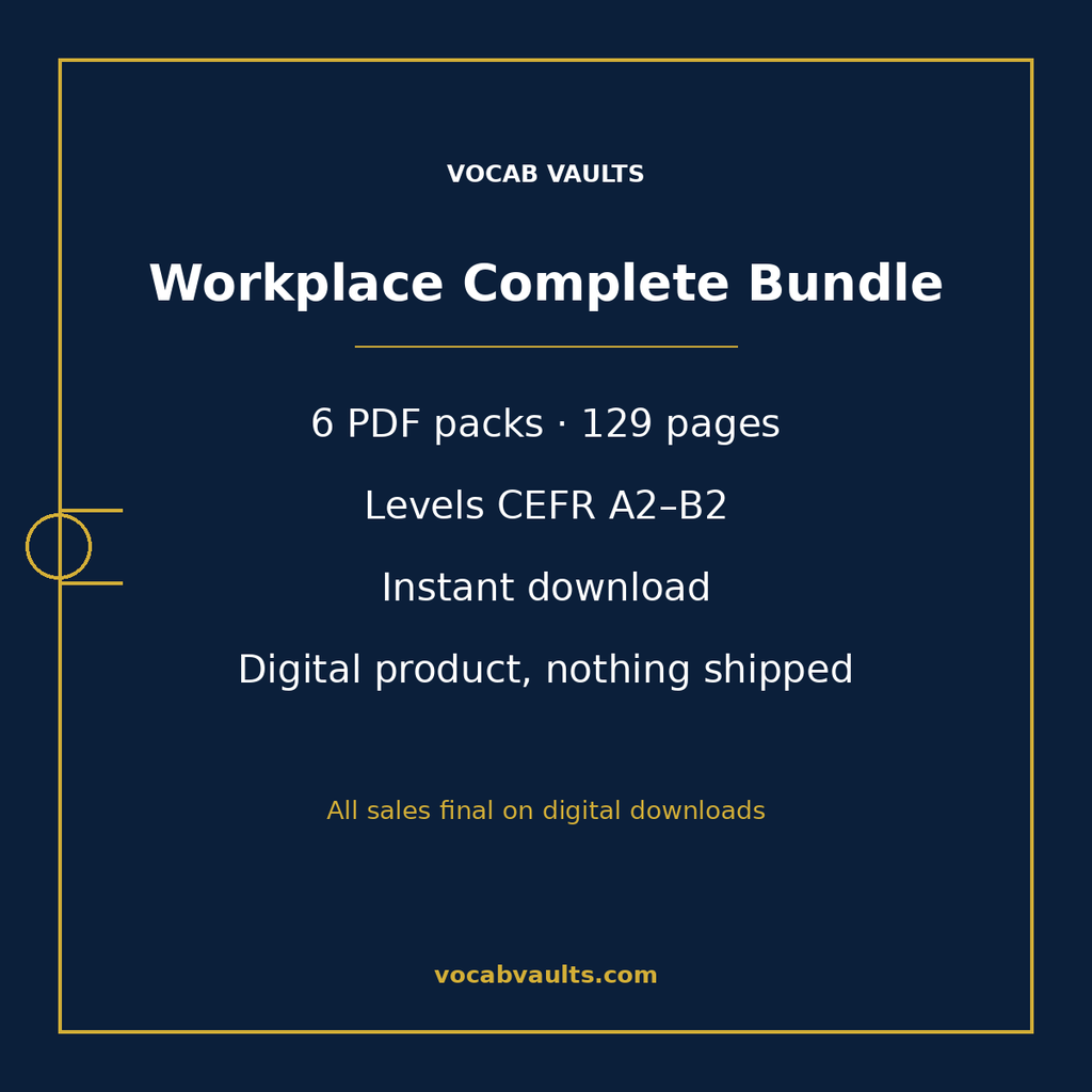 Workplace Complete Bundle format facts: 6 PDF packs, 129 pages, CEFR A2–B2 levels, instant download, digital product with nothing shipped
