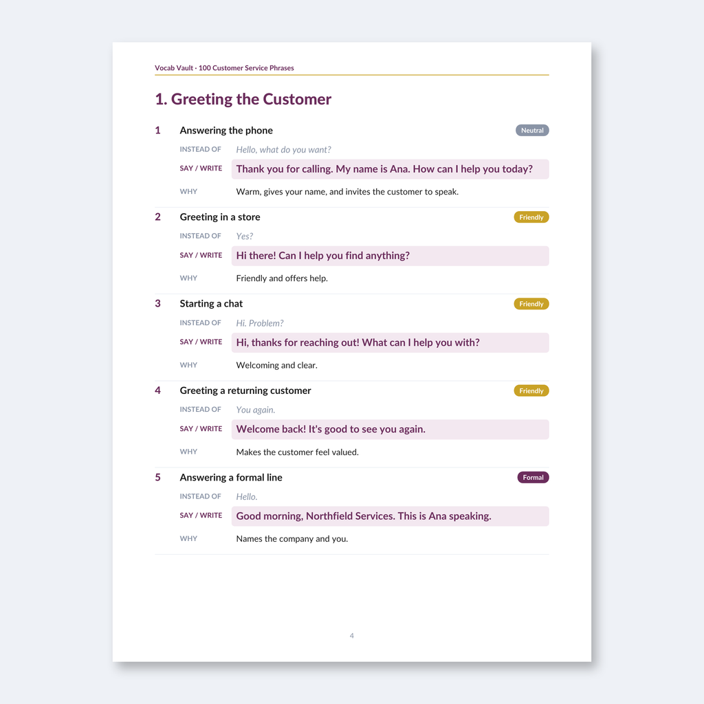 100 Customer Service Phrases — Weak to Better English for Calls, Chats & Stores