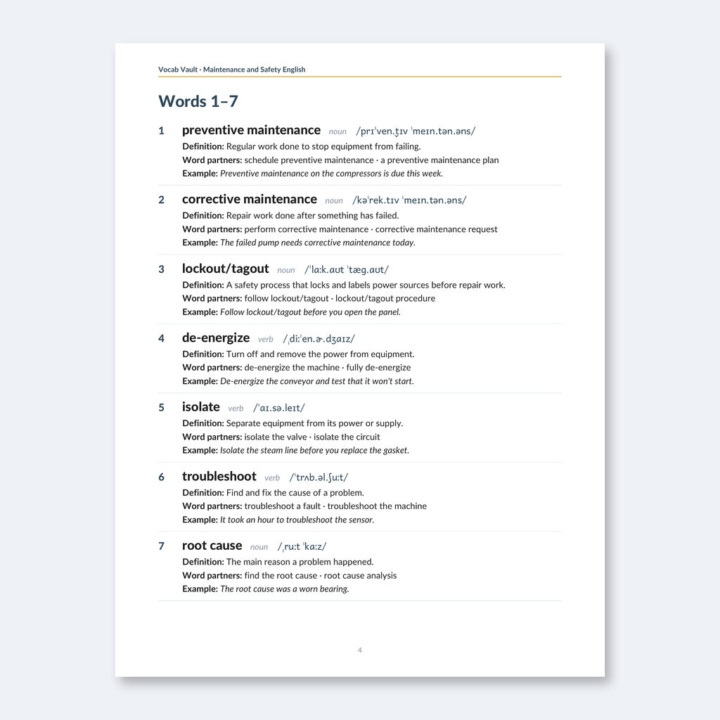 Maintenance & Safety English — 40 Words Techs Use Every Shift