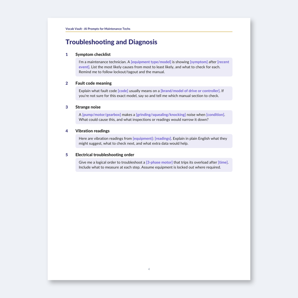 AI Prompts for Maintenance Technicians — 40 Fill-in-the-Blank Prompts
