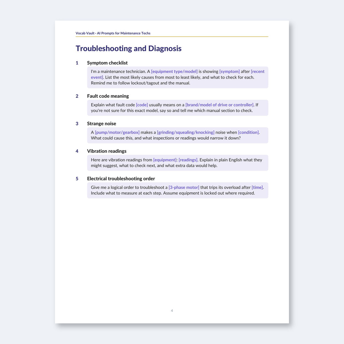 AI Prompts for Maintenance Technicians — 40 Fill-in-the-Blank Prompts