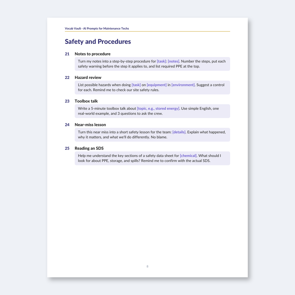 AI Prompts for Maintenance Technicians — 40 Fill-in-the-Blank Prompts