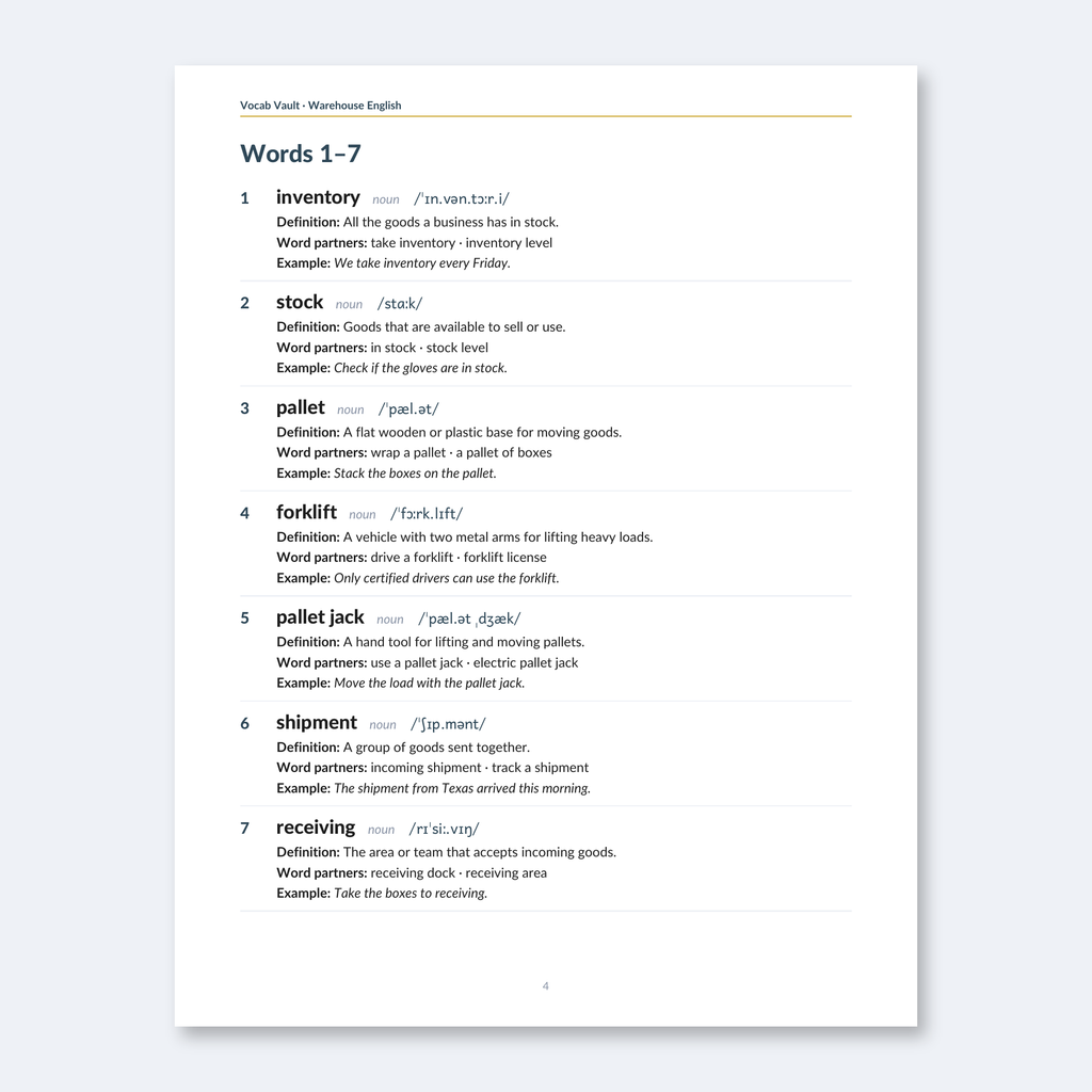 Warehouse English — 40 Words for Receiving, Picking, Packing & Shipping