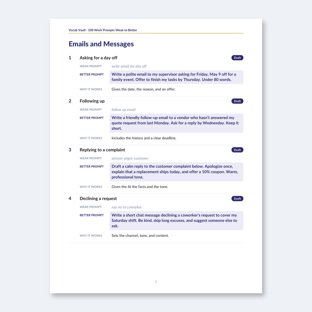 100 Work Prompts, Weak → Better — Clear English Prompts for AI at Work