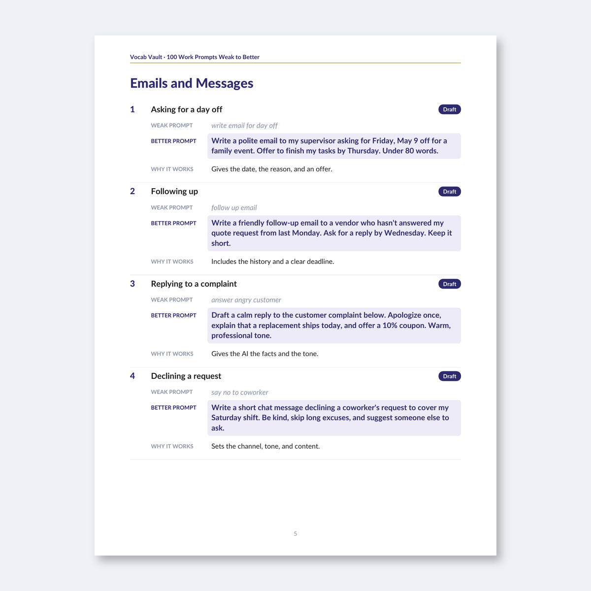 100 Work Prompts, Weak → Better — Clear English Prompts for AI at Work