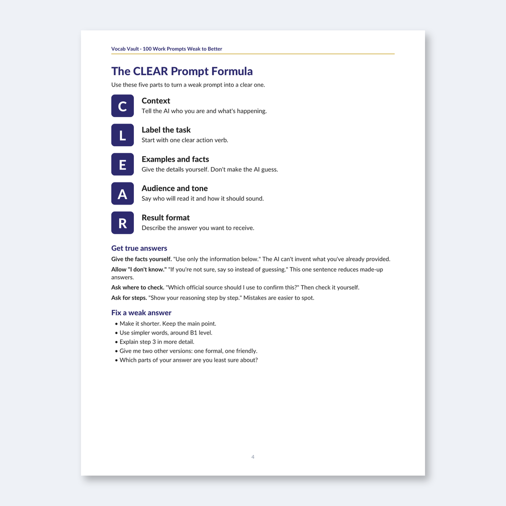 100 Work Prompts, Weak → Better — Clear English Prompts for AI at Work